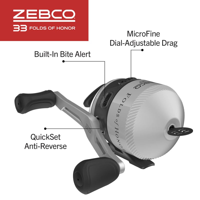 Zebco 33 Folds of Honor Spincast Reel and 2-Piece Fishing Rod Combo, 6-Foot Fiberglass Rod, Quickset Anti-Reverse Fishing Reel with Bite Alert, 1 Dollar Donated to Folds of Honor Foundation,Grey/Black - Image 4